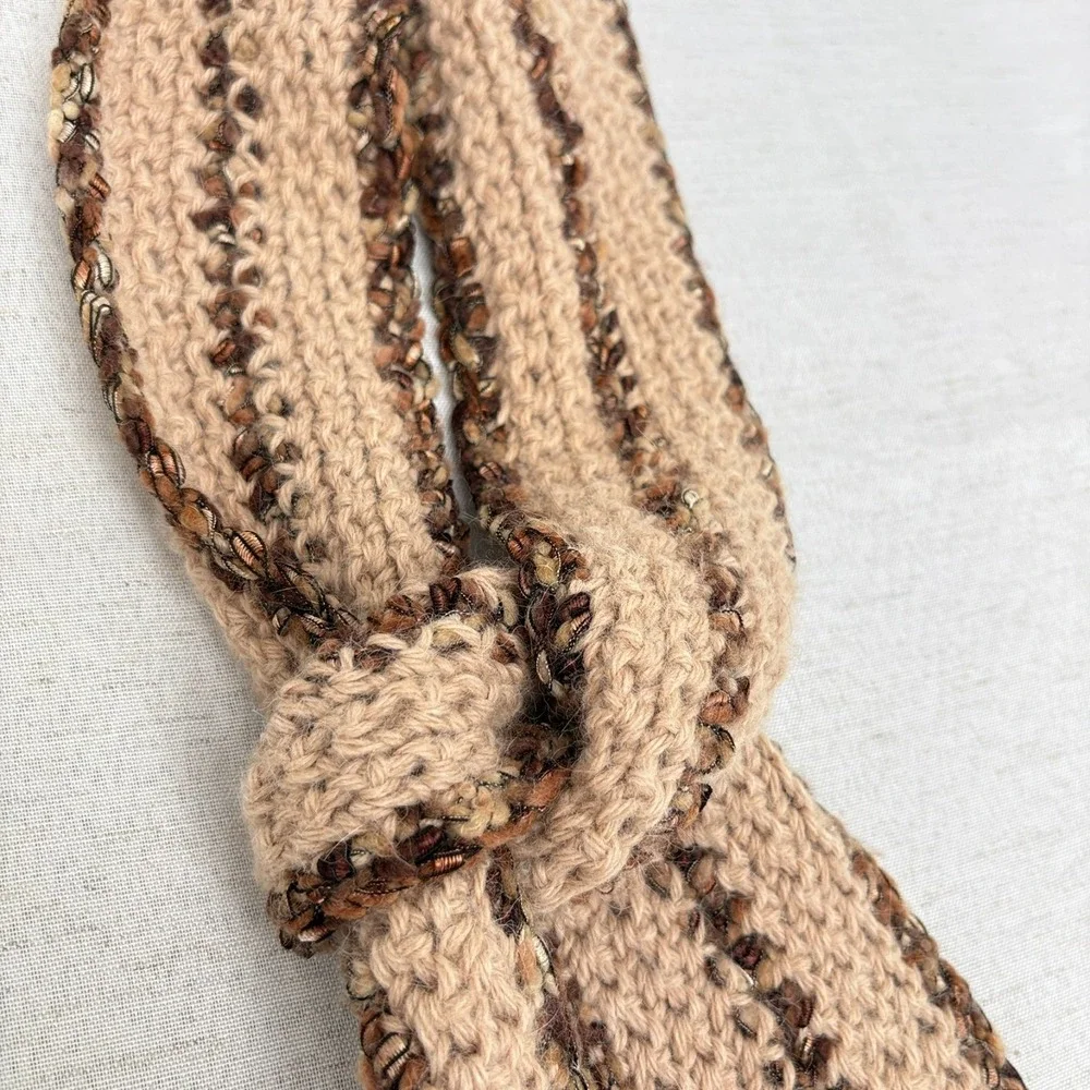 Vintage 2000s Y2k Long Handmade‎ Hand Knit Brown Beige scarf 54